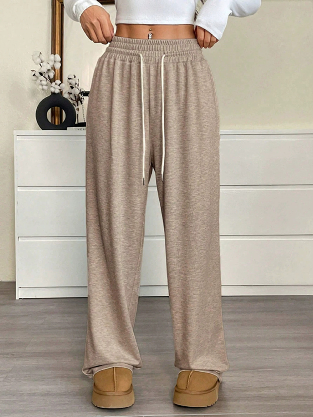 Forever 21 Straight Warm High-Waist Drawstring Pocket Loose Wide-Leg Pants